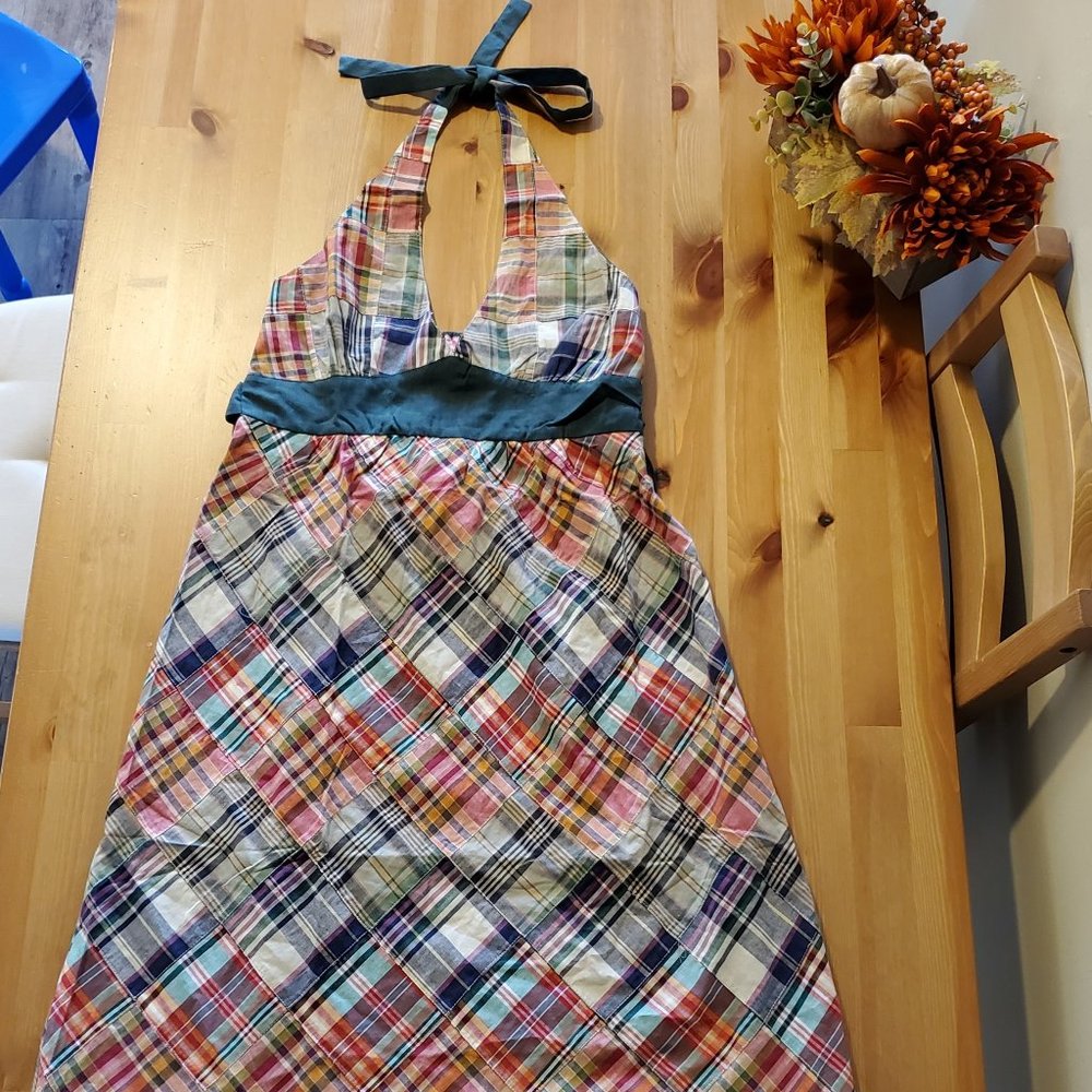 She's Cool Plaid Halter Mini Dress in Multicolor with Teal Waistband